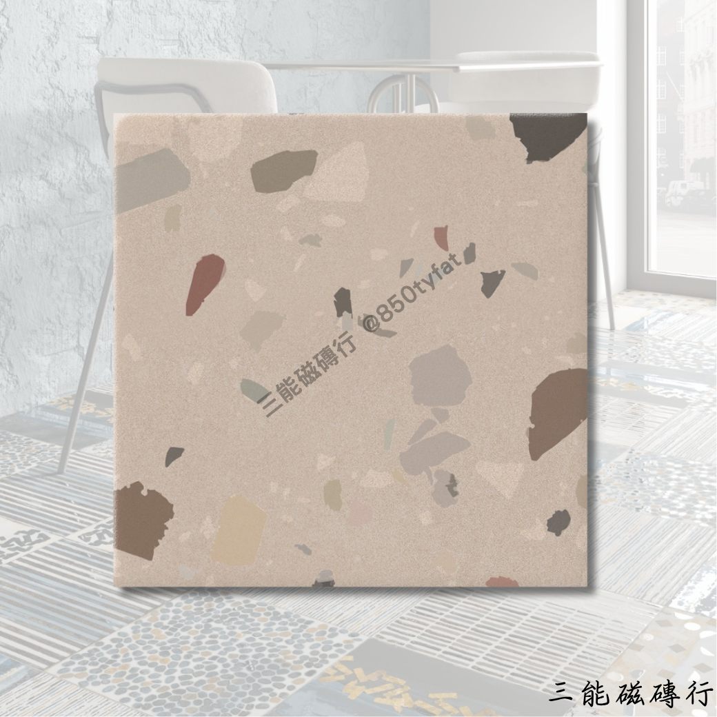 佳麗石白色水磨石磁磚，低彩度晶片混合設計，適合北歐風與現代簡約空間使用