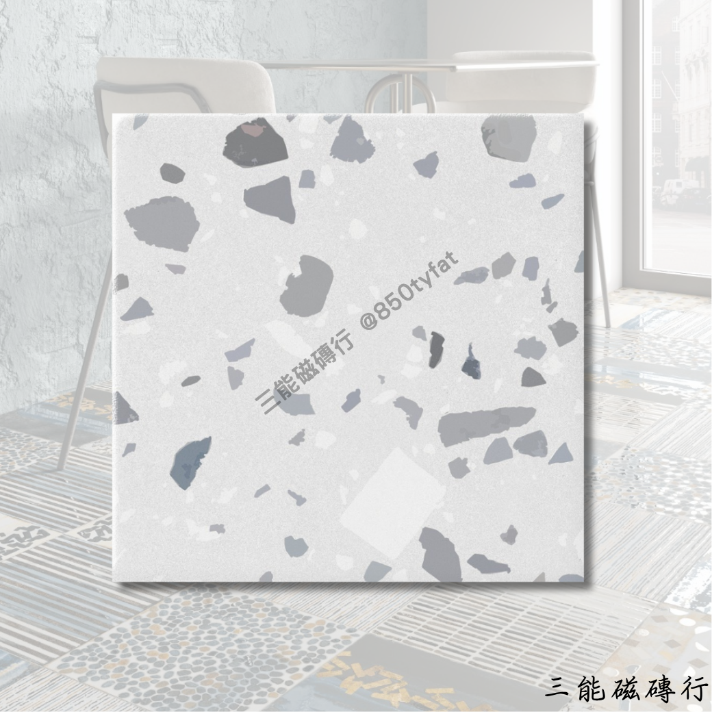 佳麗石白色水磨石磁磚，低彩度晶片混合設計，適合北歐風與現代簡約空間使用