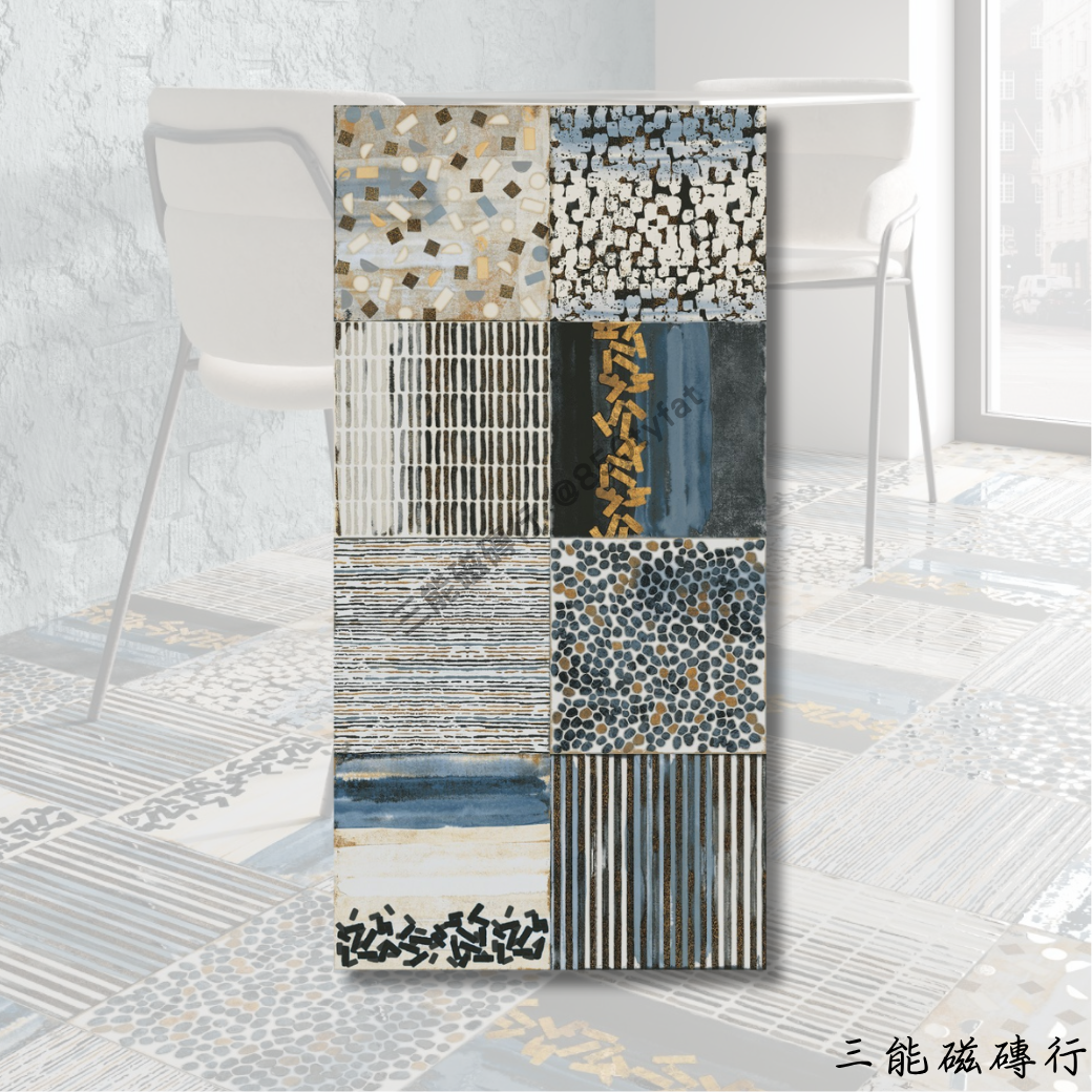 A60120系列拼貼風幾何磁磚，結合馬賽克與條紋，呈現現代藝術混搭感