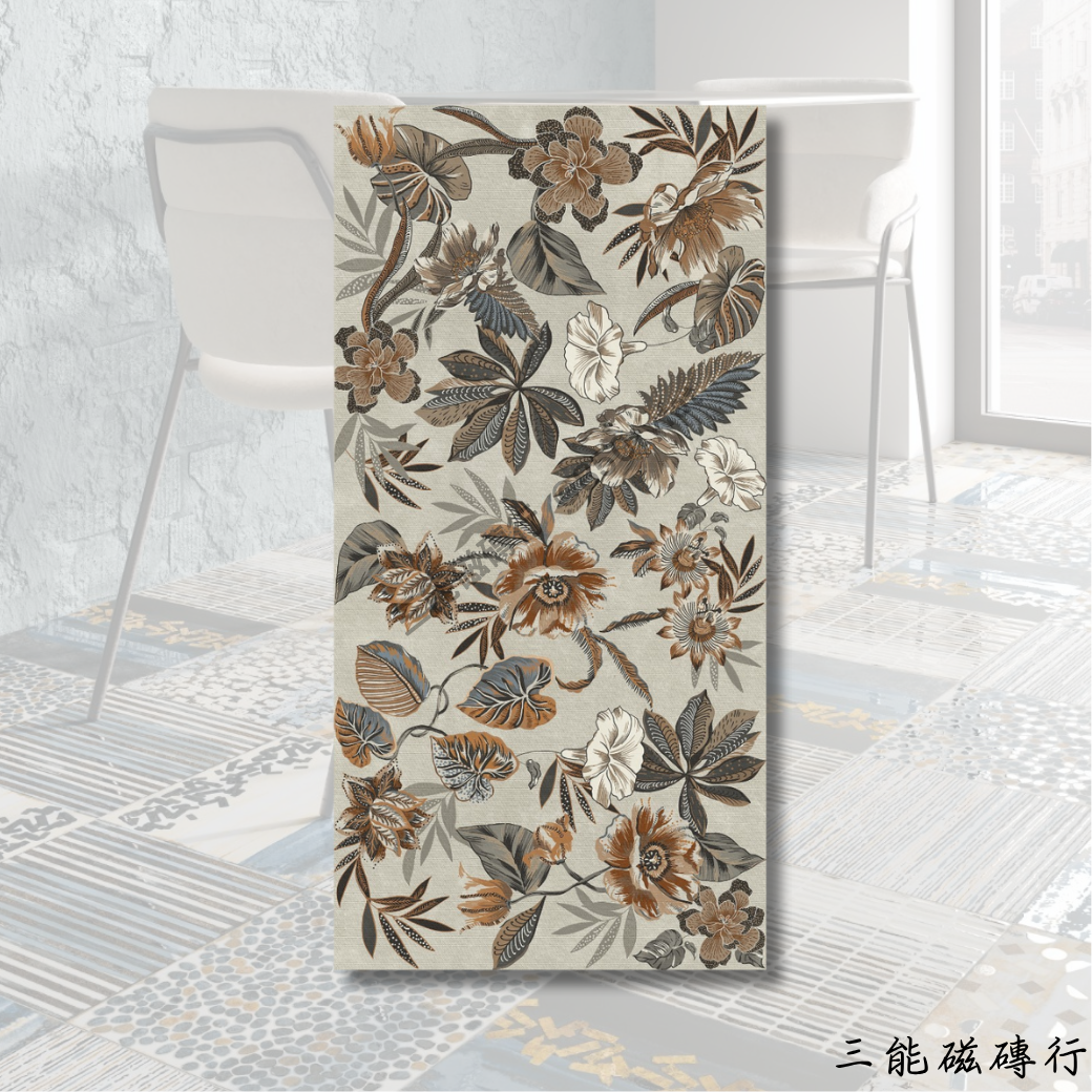 A60120系列拼貼風幾何磁磚，結合馬賽克與條紋，呈現現代藝術混搭感