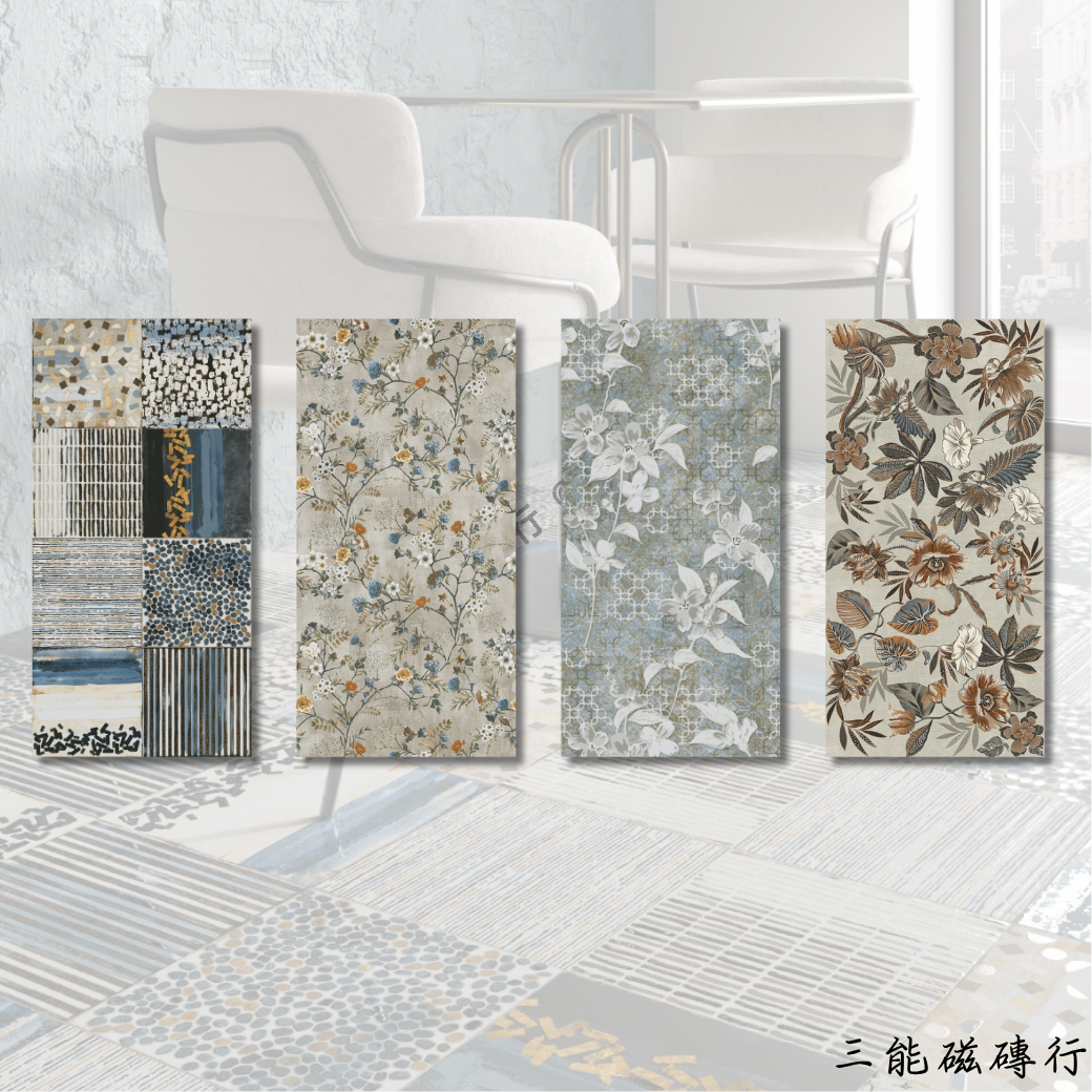 A60120系列拼貼風幾何磁磚，結合馬賽克與條紋，呈現現代藝術混搭感