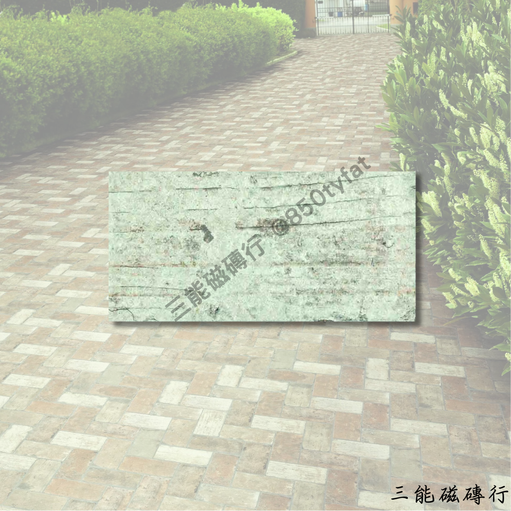 曼哈頓系列磁磚展示，共六款設計，包括紅素磚、白素磚與浮雕文字花磚（STOP、TAXI、PUBLIC PARKING、ROAD WORK），呈現復古街頭風格，適合戶外地坪鋪設。