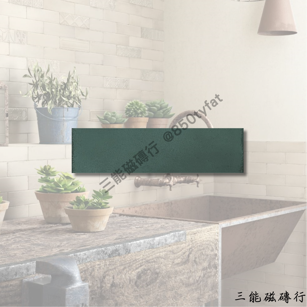 秘樂園磁磚系列展示，共兩色：白色與墨綠，細砂霧面質感，長條比例設計，適合廚房與衛浴牆面鋪貼，呈現自然清新風格。