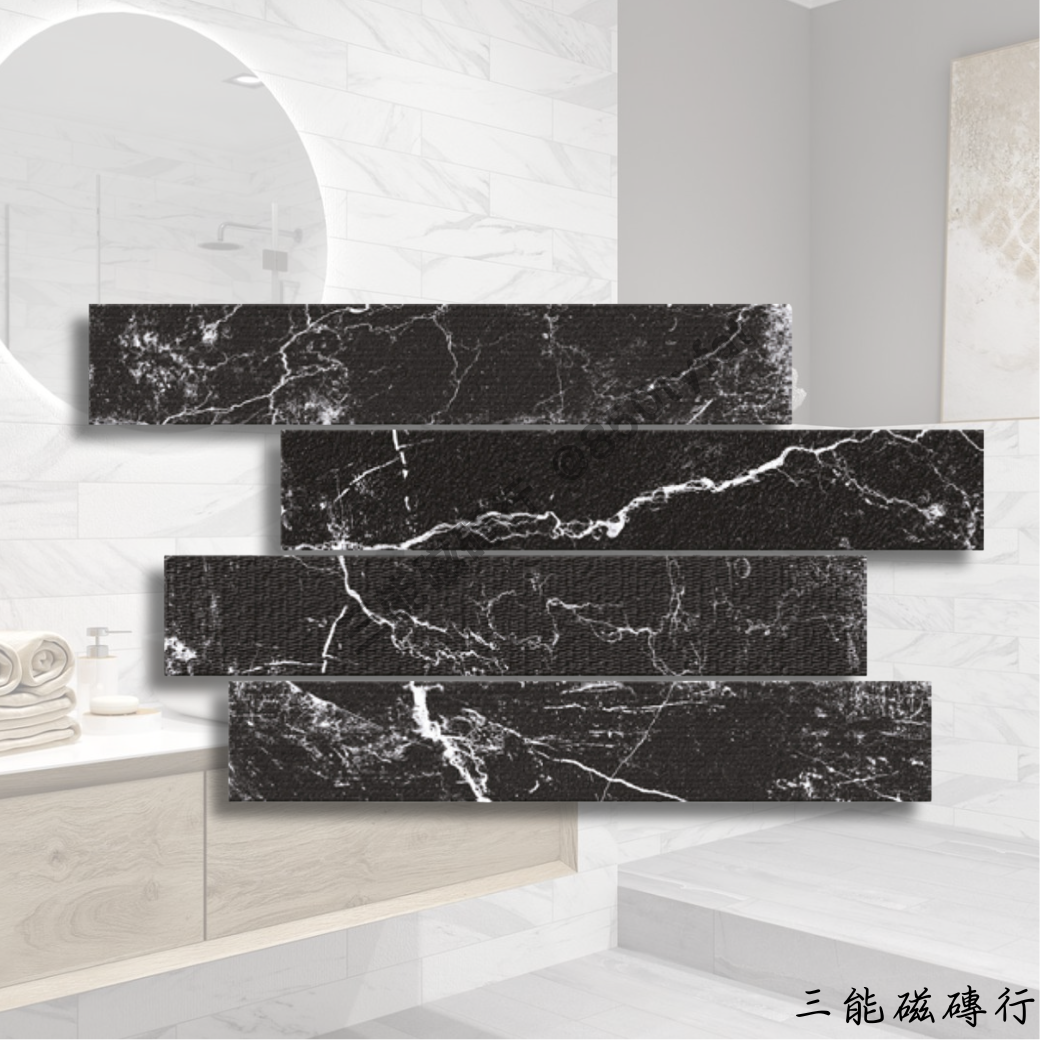 線長大理石磁磚系列展示，共三色：白色、灰色與黑色，以長條切割呈現天然大理石紋理，適合現代浴室或商空牆面設計。