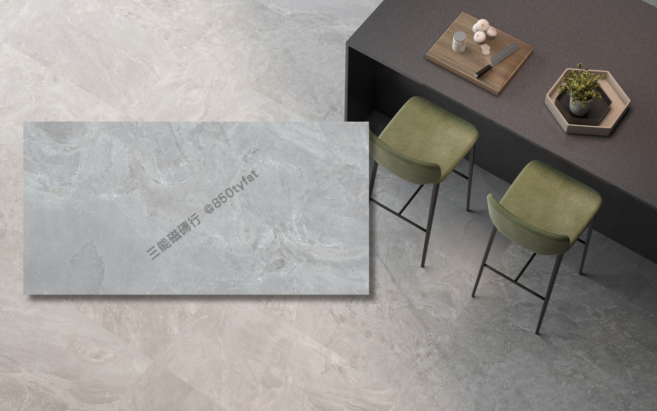 玄鋒石系列磁磚，包含淺灰、深灰與銹紅三色岩石紋理，展現自然礦感與現代工業風格，三能磁磚行