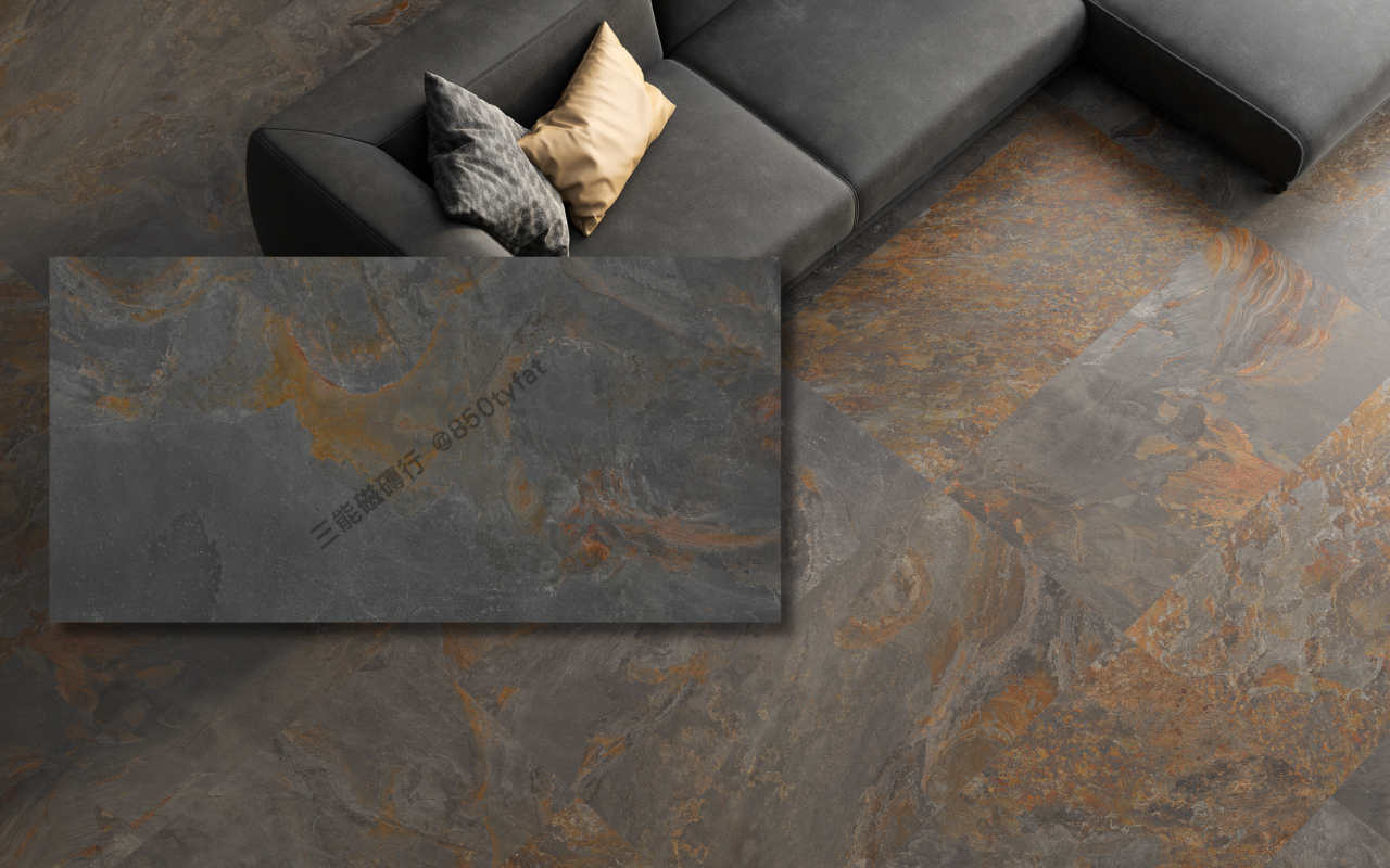 玄鋒石系列磁磚，包含淺灰、深灰與銹紅三色岩石紋理，展現自然礦感與現代工業風格，三能磁磚行