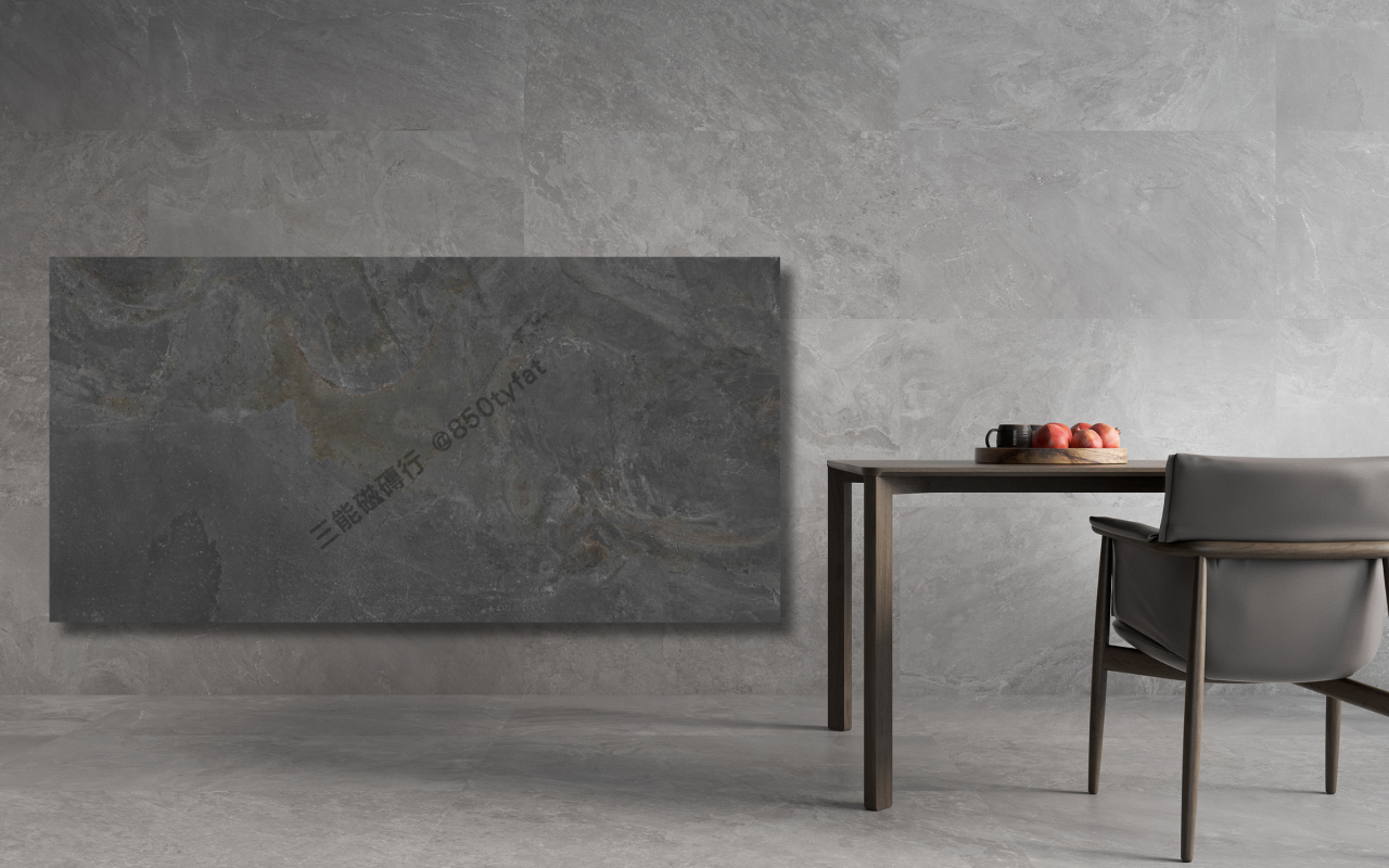 玄鋒石系列磁磚，包含淺灰、深灰與銹紅三色岩石紋理，展現自然礦感與現代工業風格，三能磁磚行