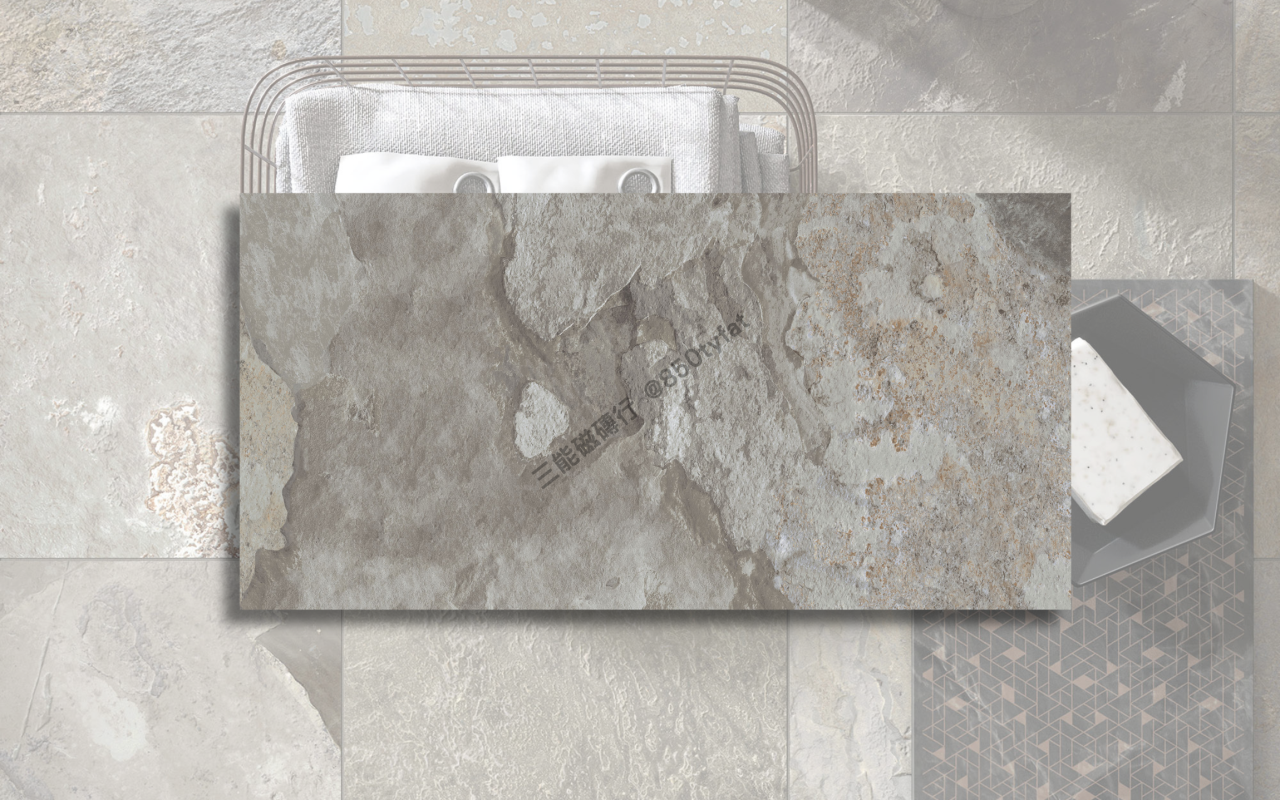 岩沁系列磁磚，包含奶白與岩棕雙色岩石層紋理，展現自然療癒與仿岩質感風格，三能磁磚行
