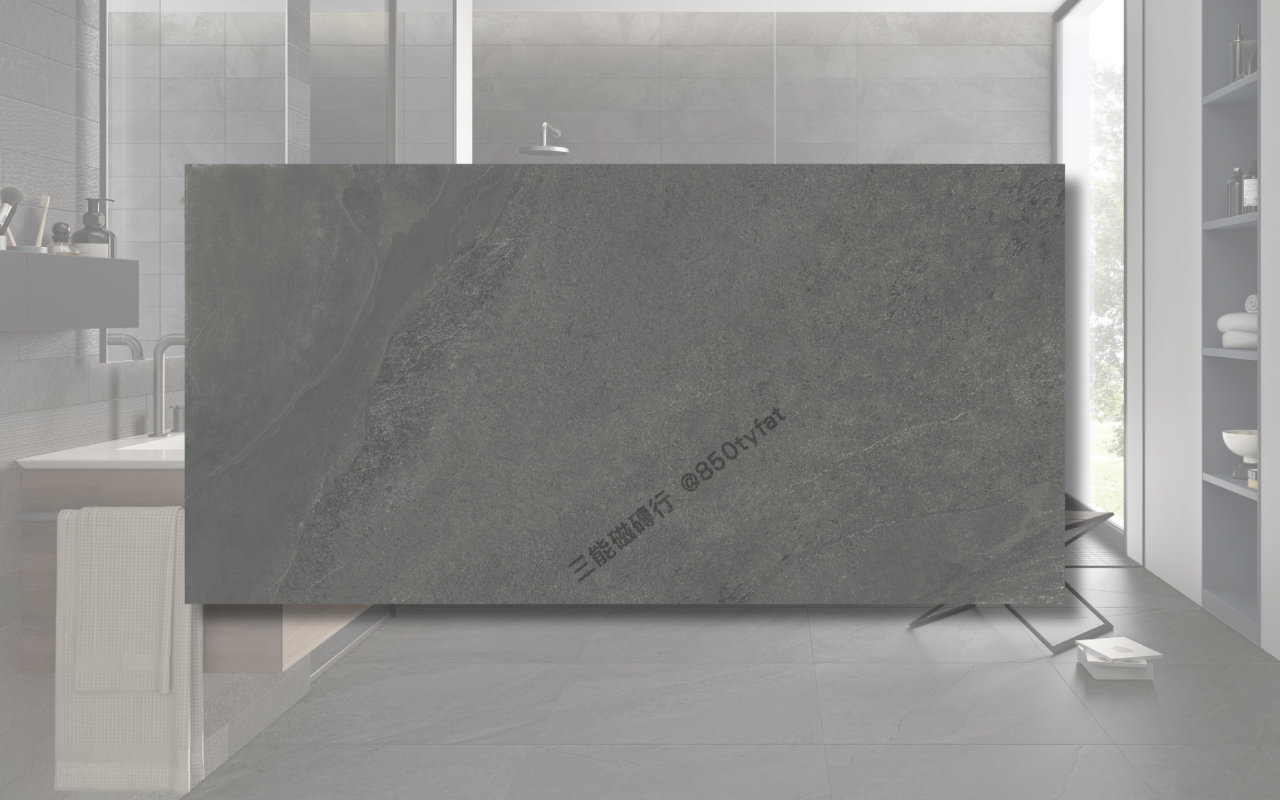 晨嵐系列磁磚，包含米白、灰色、深灰與黑礦幾何花磚，展現細緻霧感與現代自然質地，三能磁磚行