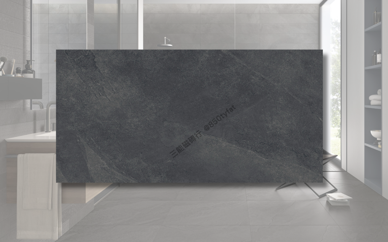 晨嵐系列磁磚，包含米白、灰色、深灰與黑礦幾何花磚，展現細緻霧感與現代自然質地，三能磁磚行