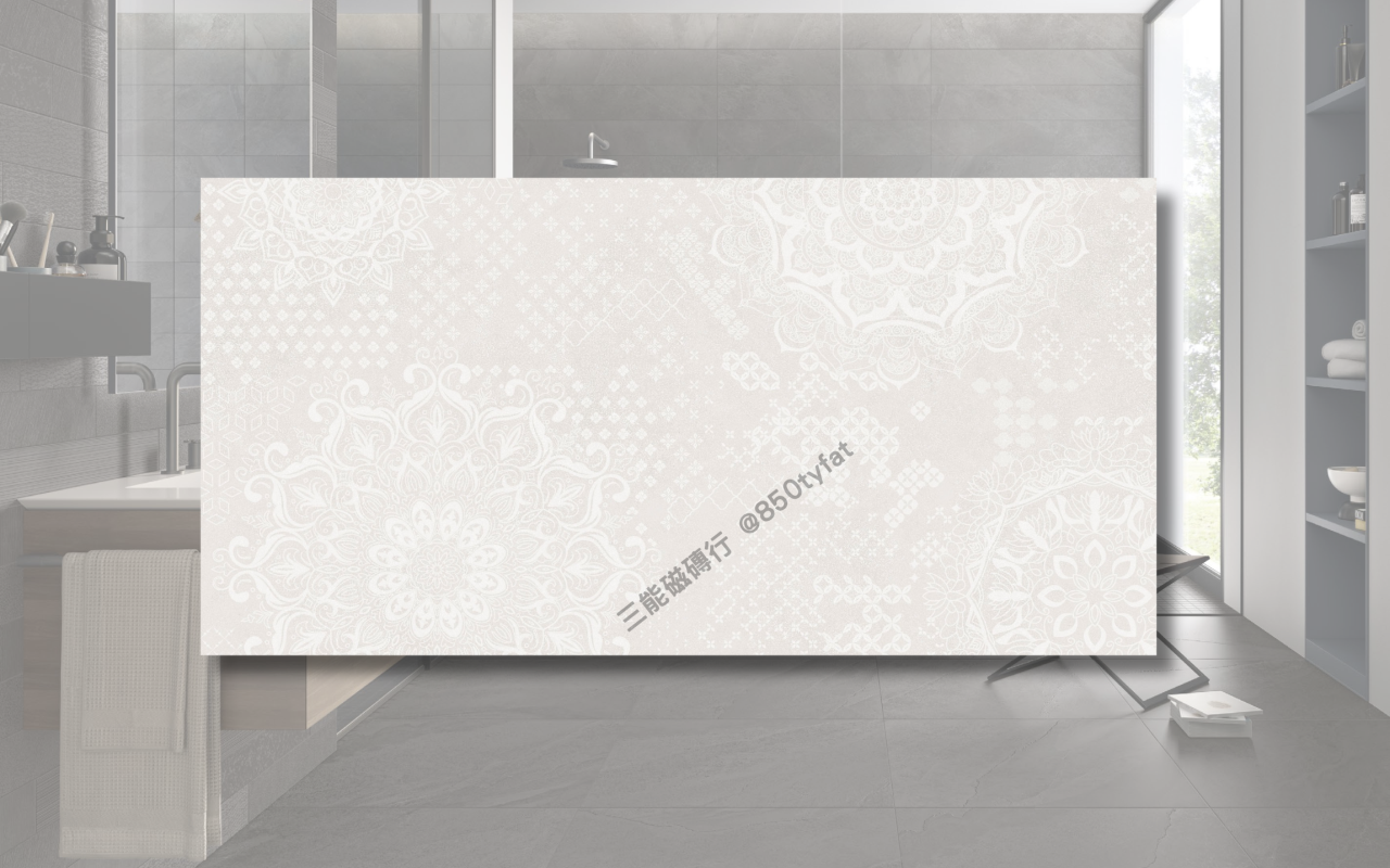 晨嵐系列磁磚，包含米白、灰色、深灰與黑礦幾何花磚，展現細緻霧感與現代自然質地，三能磁磚行