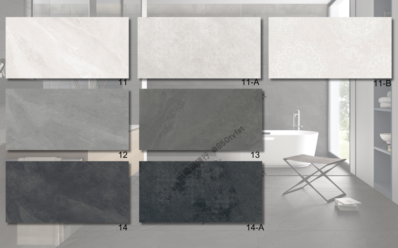 晨嵐系列磁磚，包含米白、灰色、深灰與黑礦幾何花磚，展現細緻霧感與現代自然質地，三能磁磚行