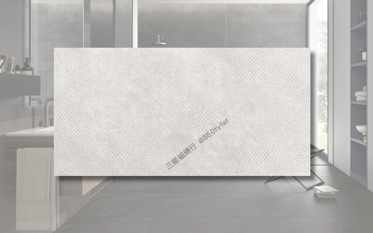 晨嵐系列磁磚，包含米白、灰色、深灰與黑礦幾何花磚，展現細緻霧感與現代自然質地，三能磁磚行