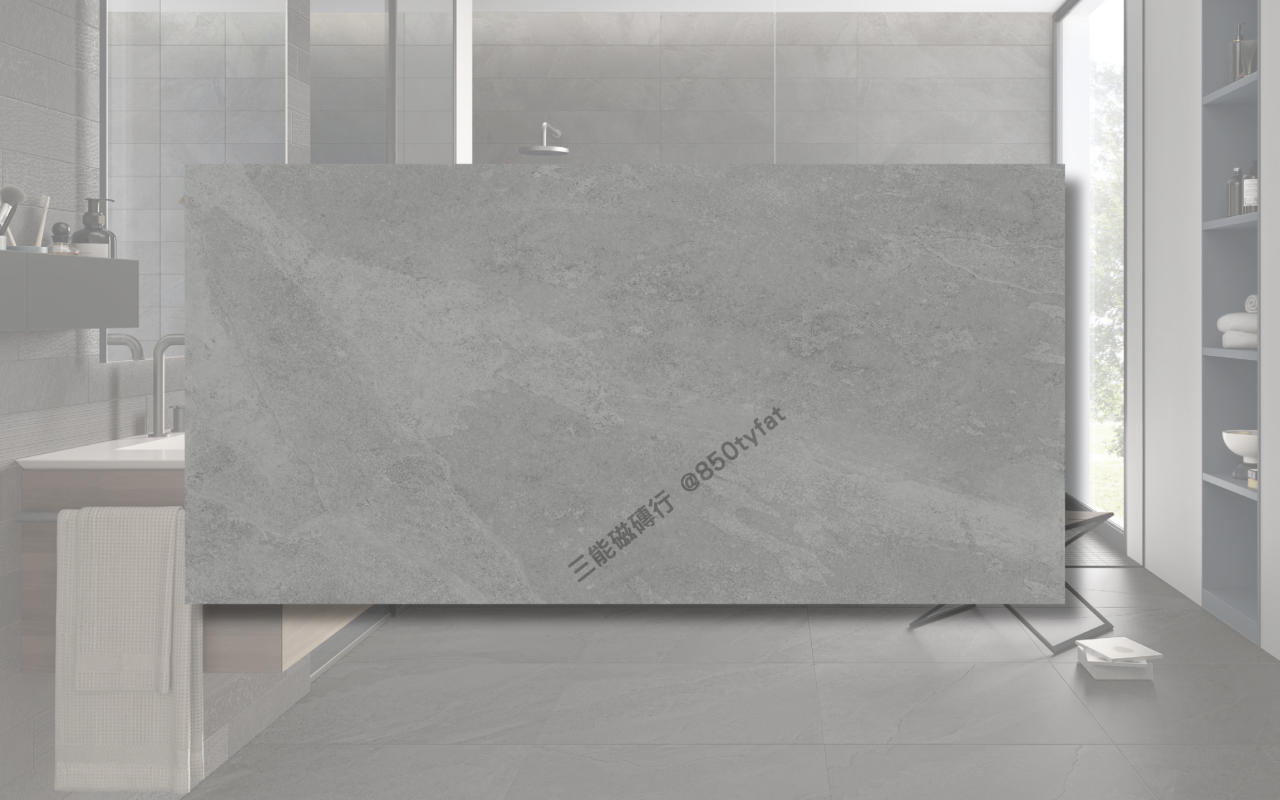 晨嵐系列磁磚，包含米白、灰色、深灰與黑礦幾何花磚，展現細緻霧感與現代自然質地，三能磁磚行