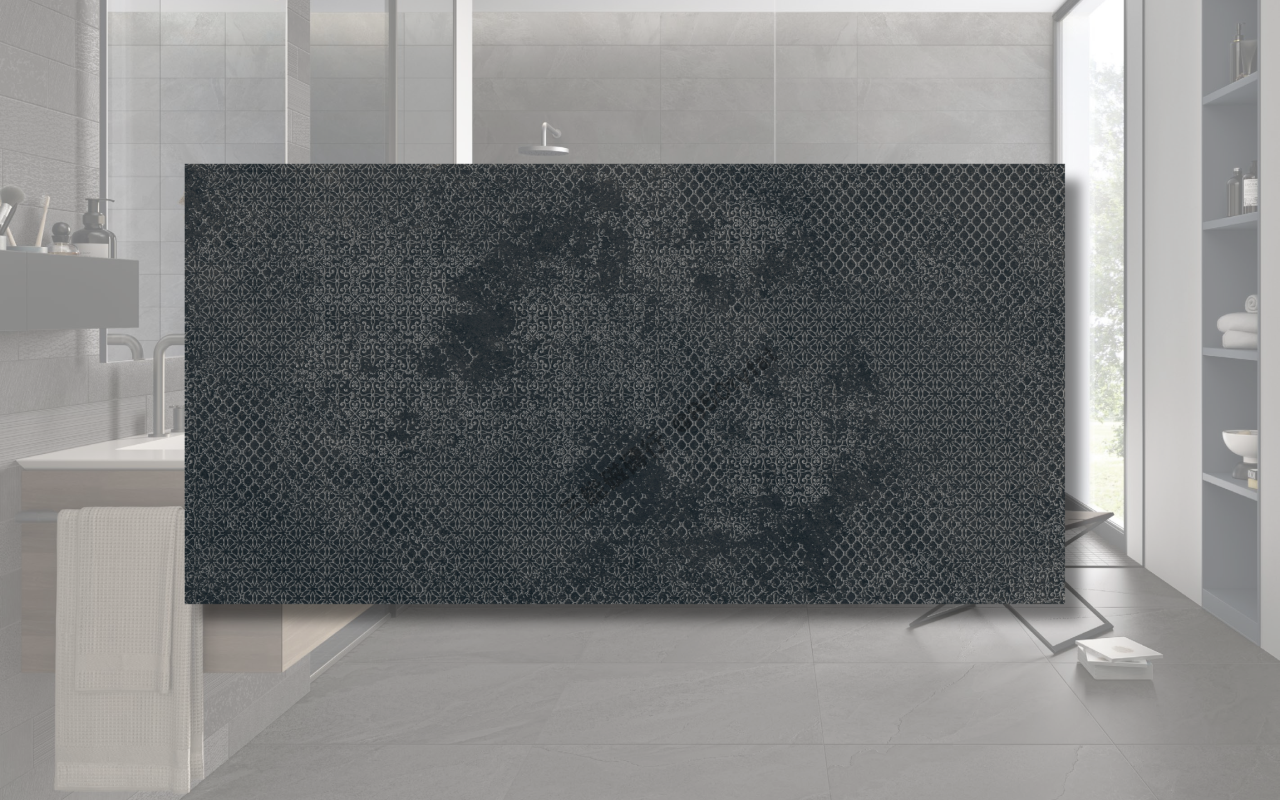 晨嵐系列磁磚，包含米白、灰色、深灰與黑礦幾何花磚，展現細緻霧感與現代自然質地，三能磁磚行