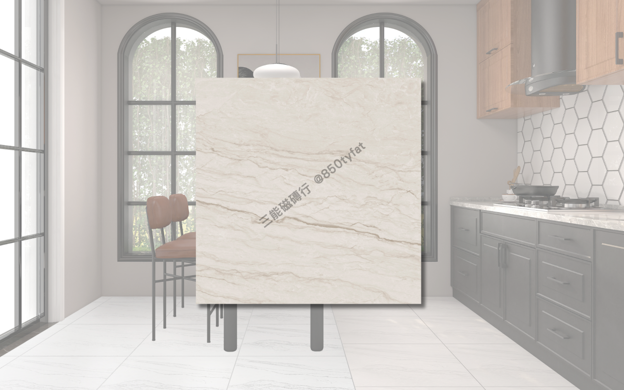 雲流渦系列磁磚，包含霧白、柔灰與深灰三種雲霧石紋，展現大理石柔霧質地與靜謐美感，三能磁磚行