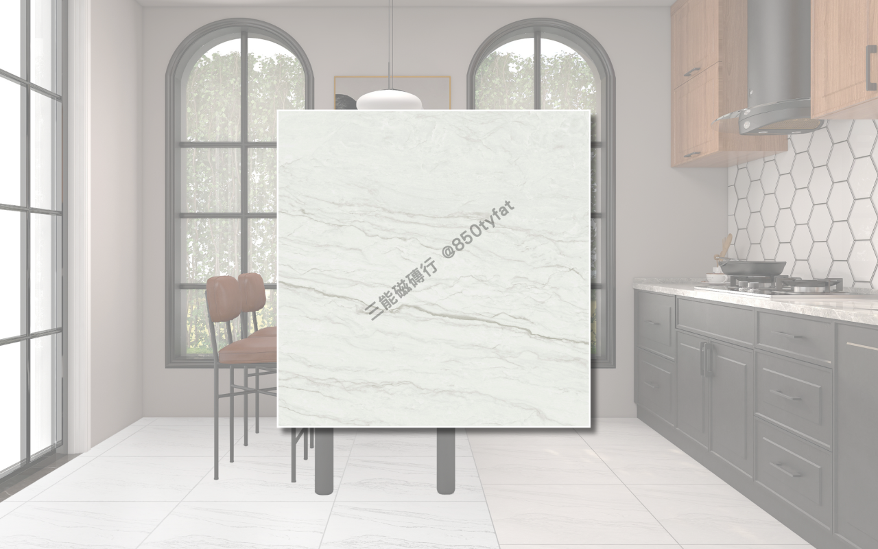 雲流渦系列磁磚，包含霧白、柔灰與深灰三種雲霧石紋，展現大理石柔霧質地與靜謐美感，三能磁磚行