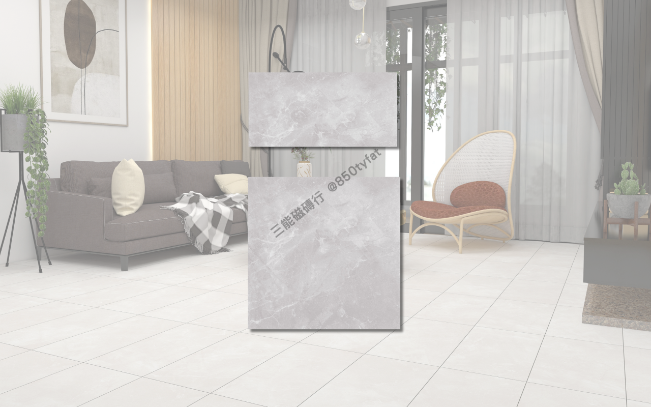 雲流渦系列磁磚，包含霧白、柔灰與深灰三種雲霧石紋，展現大理石柔霧質地與靜謐美感，三能磁磚行