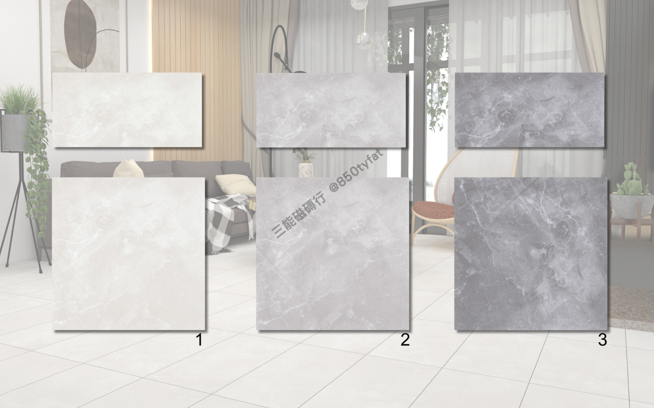 雲流渦系列磁磚，包含霧白、柔灰與深灰三種雲霧石紋，展現大理石柔霧質地與靜謐美感，三能磁磚行