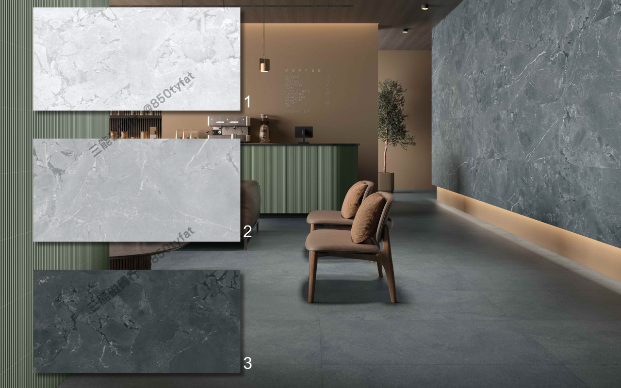 凱因石系列磁磚，包含淺灰、中灰與墨黑岩紋質地，展現霧面天然斷面紋理與空間設計感，三能磁磚行