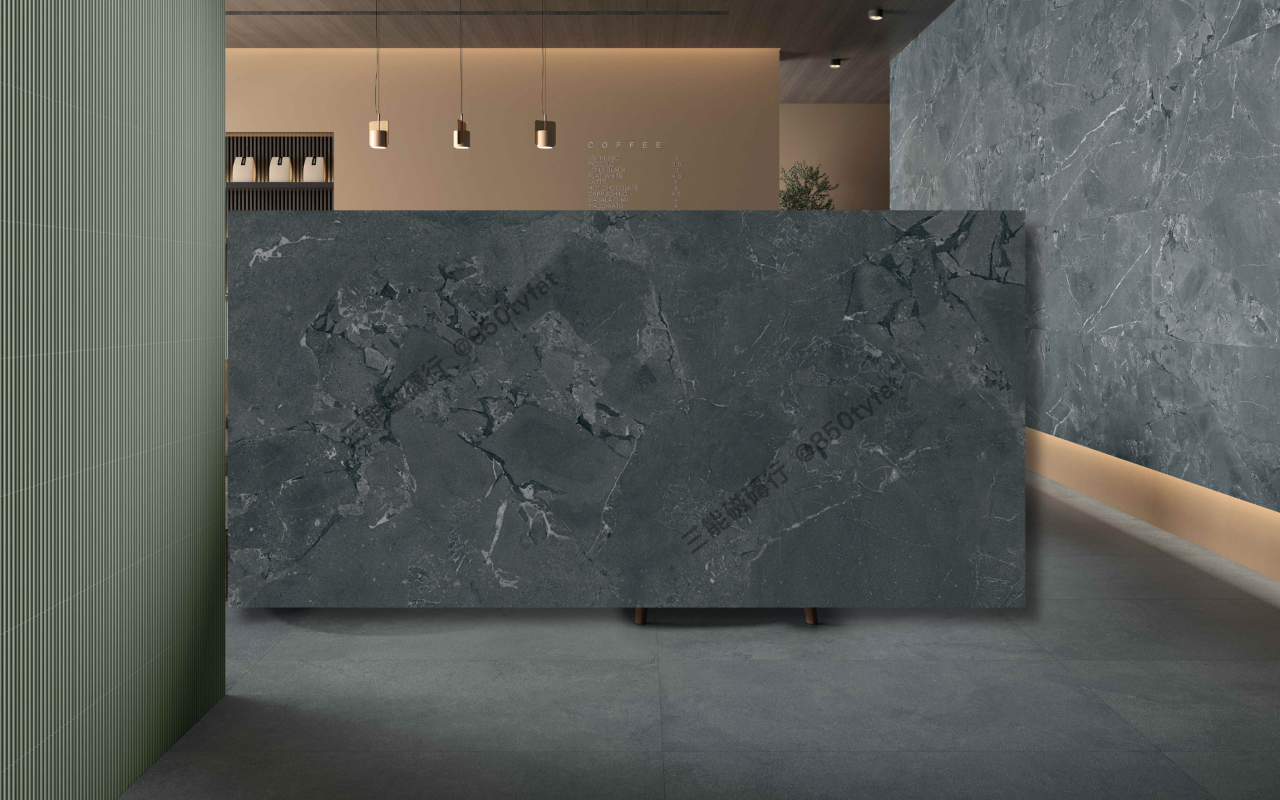 凱因石系列磁磚，包含淺灰、中灰與墨黑岩紋質地，展現霧面天然斷面紋理與空間設計感，三能磁磚行