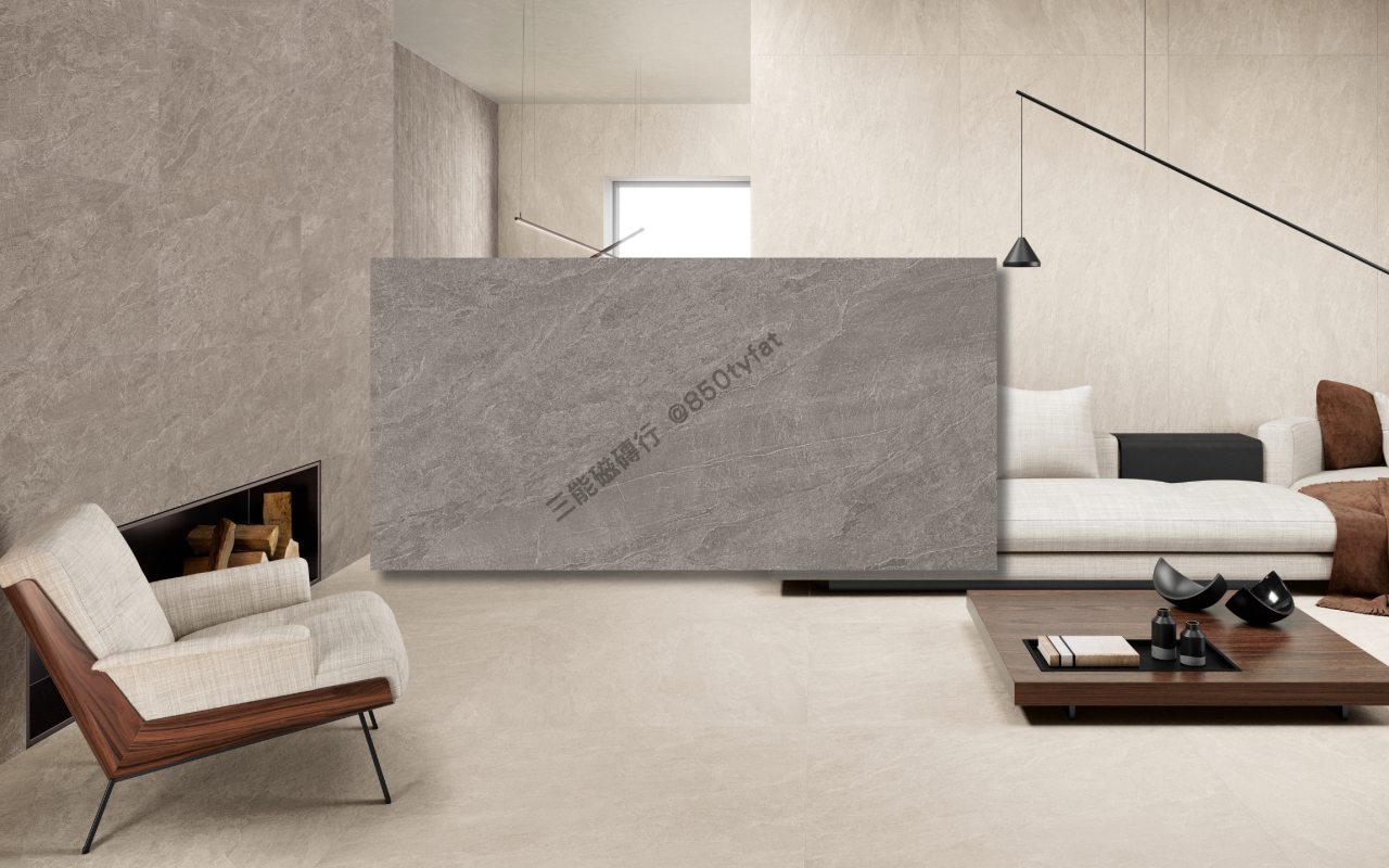 卡薩灰系列磁磚，包含奶茶、灰白與淺岩三種細砂岩色調，展現溫潤設計與柔霧質感，三能磁磚行