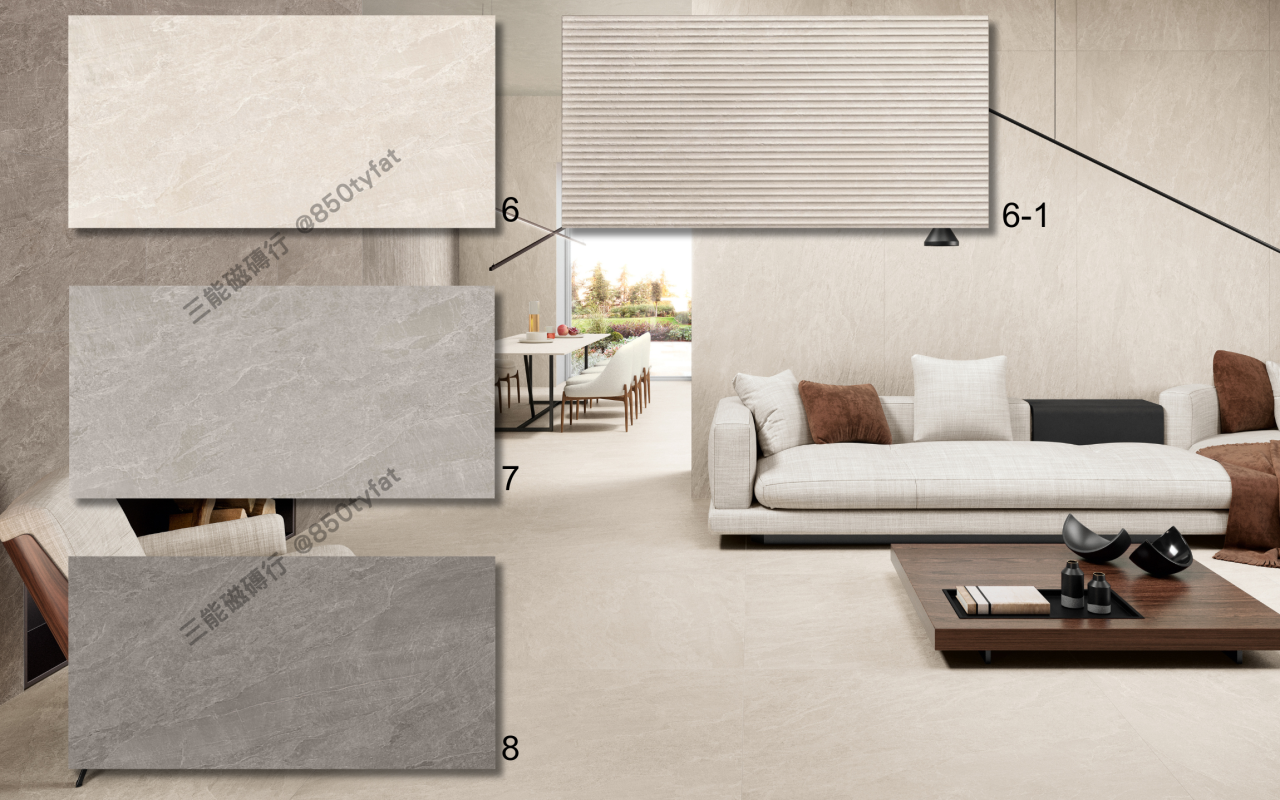 卡薩灰系列磁磚，包含奶茶、灰白與淺岩三種細砂岩色調，展現溫潤設計與柔霧質感，三能磁磚行