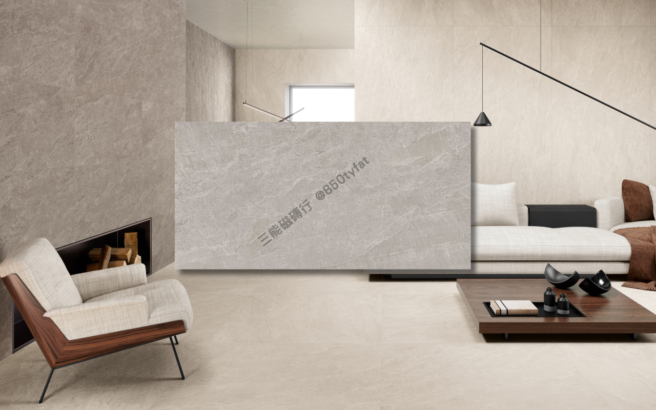 卡薩灰系列磁磚，包含奶茶、灰白與淺岩三種細砂岩色調，展現溫潤設計與柔霧質感，三能磁磚行