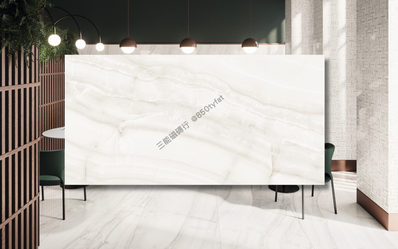 白玉系列磁磚，包含亮白與立體條紋白玉石紋三款設計，展現通透潔白質地與現代優雅風格，三能磁磚行