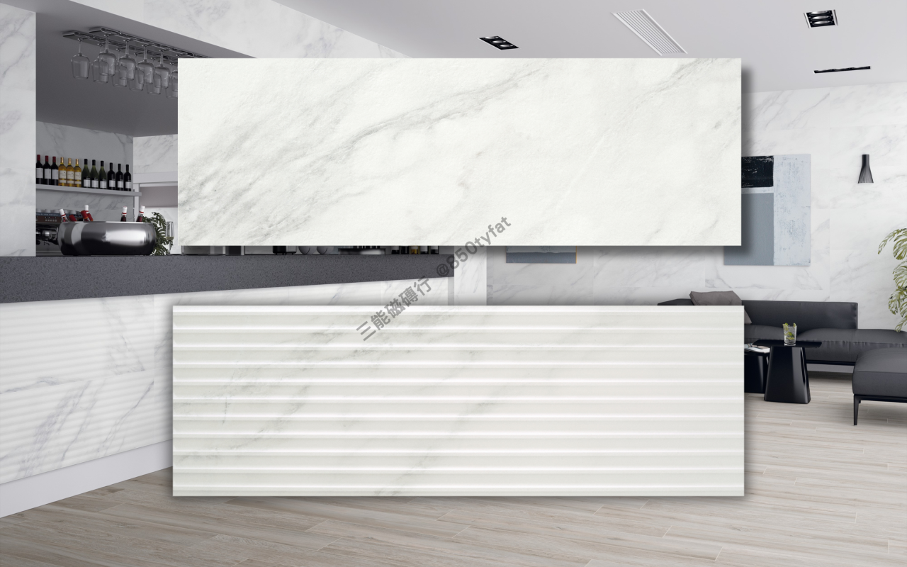 冰瓷系列磁磚，包含霧白底色與柔灰石紋設計，展現冰瓷質地與潔淨空間感受，三能磁磚行