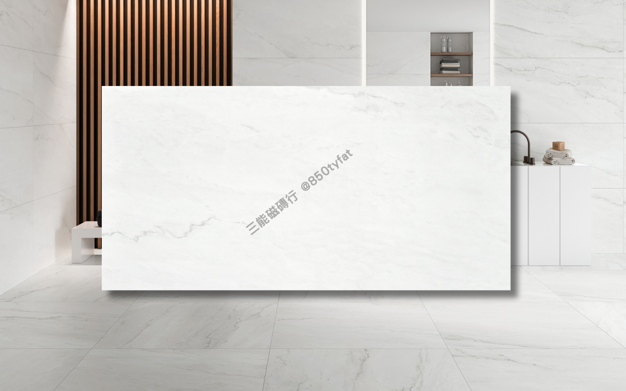 雪晶系列磁磚，包含純白與柔灰細紋設計，展現亮白通透質感與極簡高級空間風格，三能磁磚行