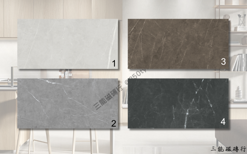 雲岩石系列磁磚，包含霧白、岩灰、咖棕與黯黑四色石紋設計，展現自然岩石質感與現代簡約氛圍，三能磁磚行
