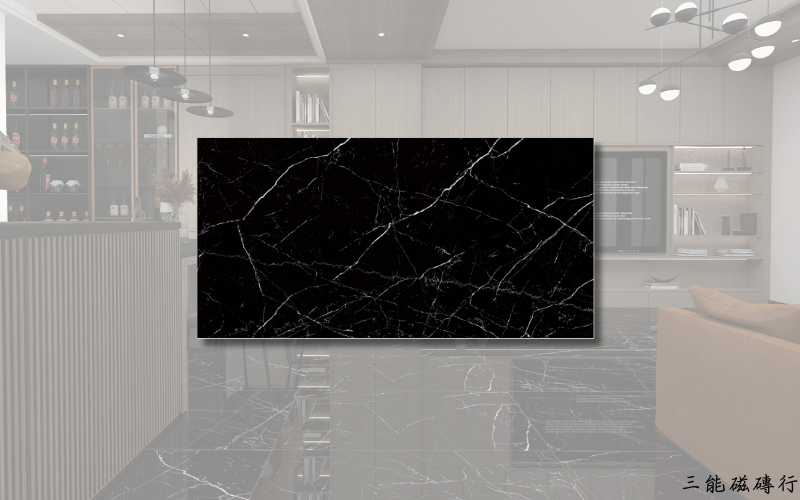 曜夜黑系列磁磚，黑底搭配白色大理石紋路，展現高貴典雅與現代奢華感，三能磁磚行