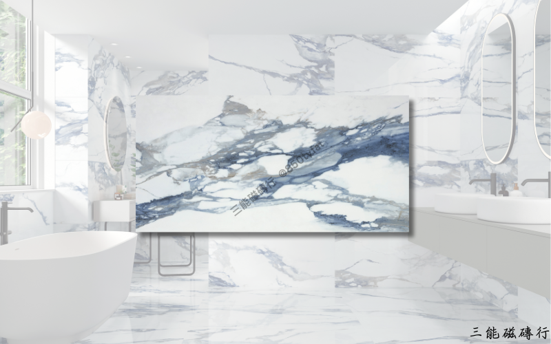 冰瀑藍系列磁磚，藍白大理石紋理如瀑布奔流，展現藝術氛圍與空間流動感，三能磁磚行