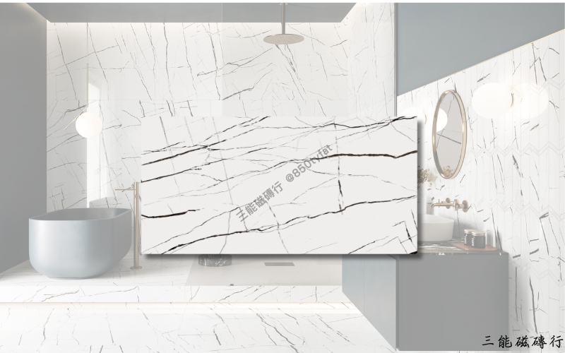 素韻白系列磁磚，米白底搭配細緻灰黑紋理，展現現代簡約與溫潤質感，三能磁磚行