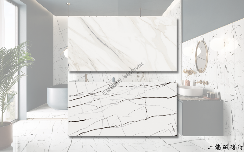 素韻白系列磁磚，米白底搭配細緻灰黑紋理，展現現代簡約與溫潤質感，三能磁磚行