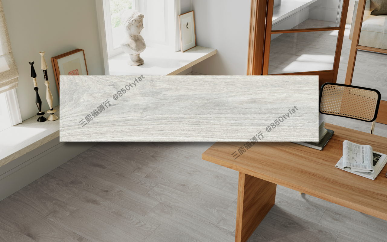 暖杉木系列磁磚，包含白橡、米木、灰木、淺榆、深棕等色系木紋，營造出溫潤舒適的木地板氛圍，三能磁磚行