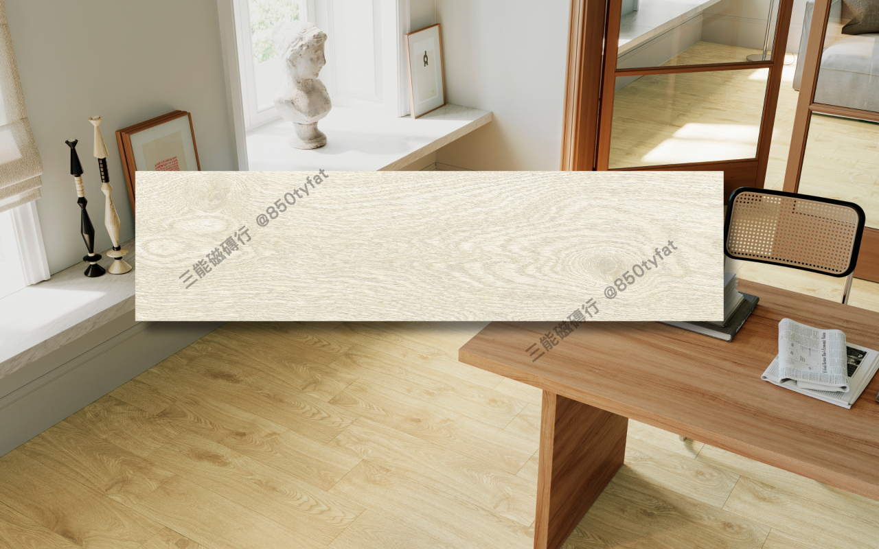 暖杉木系列磁磚，包含白橡、米木、灰木、淺榆、深棕等色系木紋，營造出溫潤舒適的木地板氛圍，三能磁磚行