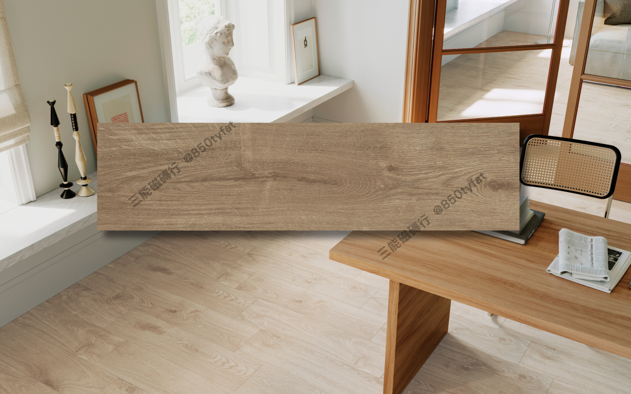 暖杉木系列磁磚，包含白橡、米木、灰木、淺榆、深棕等色系木紋，營造出溫潤舒適的木地板氛圍，三能磁磚行