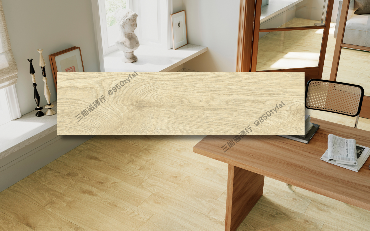 暖杉木系列磁磚，包含白橡、米木、灰木、淺榆、深棕等色系木紋，營造出溫潤舒適的木地板氛圍，三能磁磚行