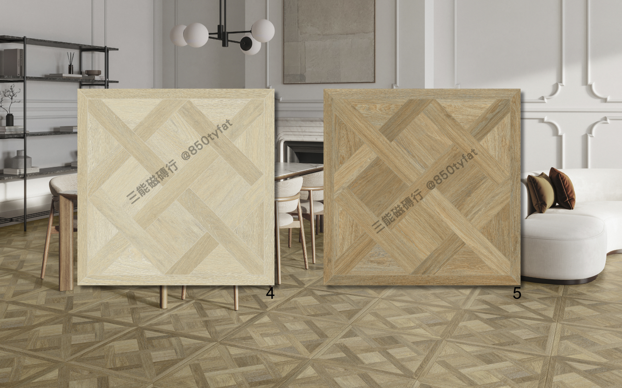 交錯拼系列磁磚，兩款拼貼木紋設計展現幾何美感與木地板風格，三能磁磚行