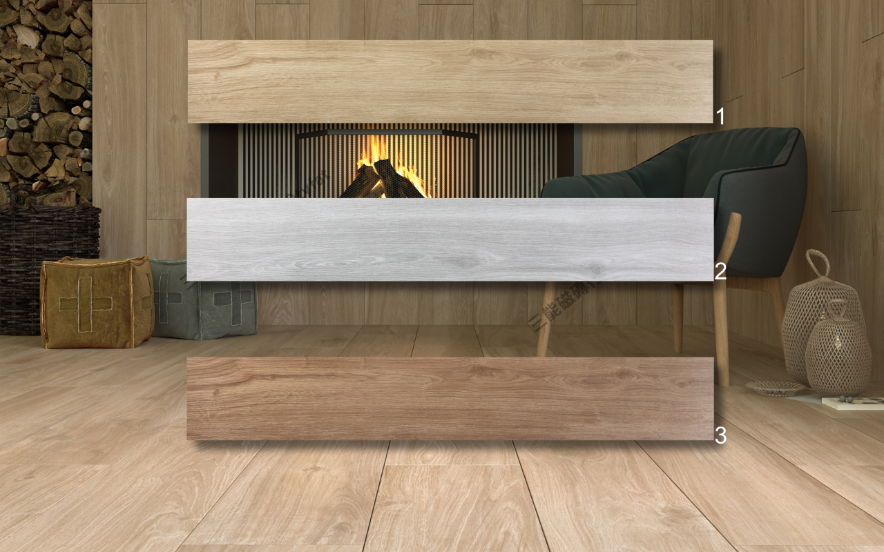 原森系列磁磚，三款色系包含自然淺木、灰木與棕木紋理，展現自然簡約與居家溫馨感，三能磁磚行