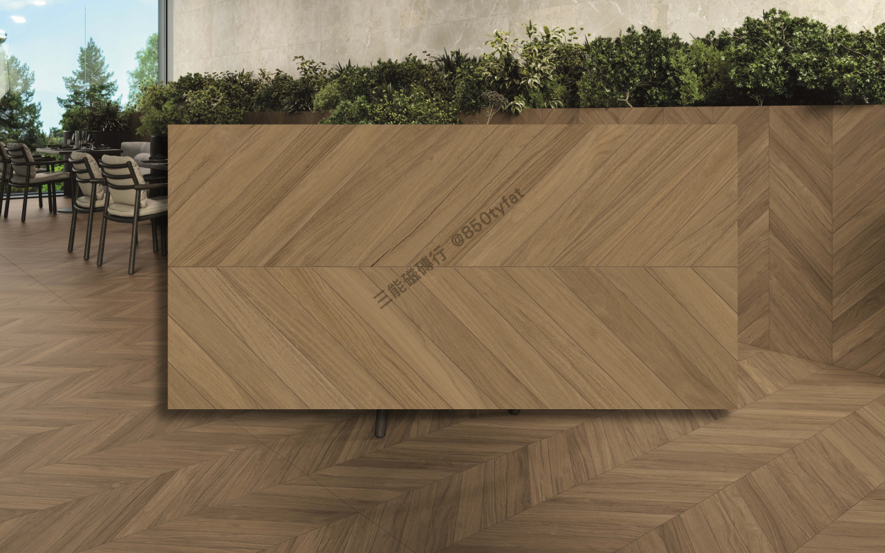 人字拼系列磁磚，包含淺木與深木雙色拼貼效果，展現經典對稱與高雅空間感，三能磁磚行