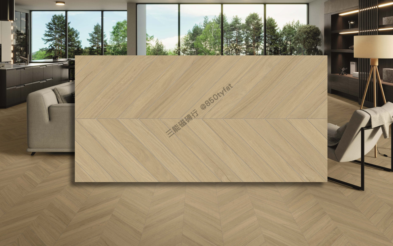 人字拼系列磁磚，包含淺木與深木雙色拼貼效果，展現經典對稱與高雅空間感，三能磁磚行