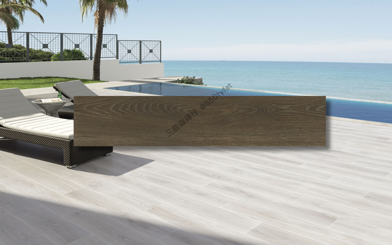 沙灘木紋系列磁磚，具戶外防滑與自然木質感，三色可選，適用於泳池與陽台空間，三能磁磚行