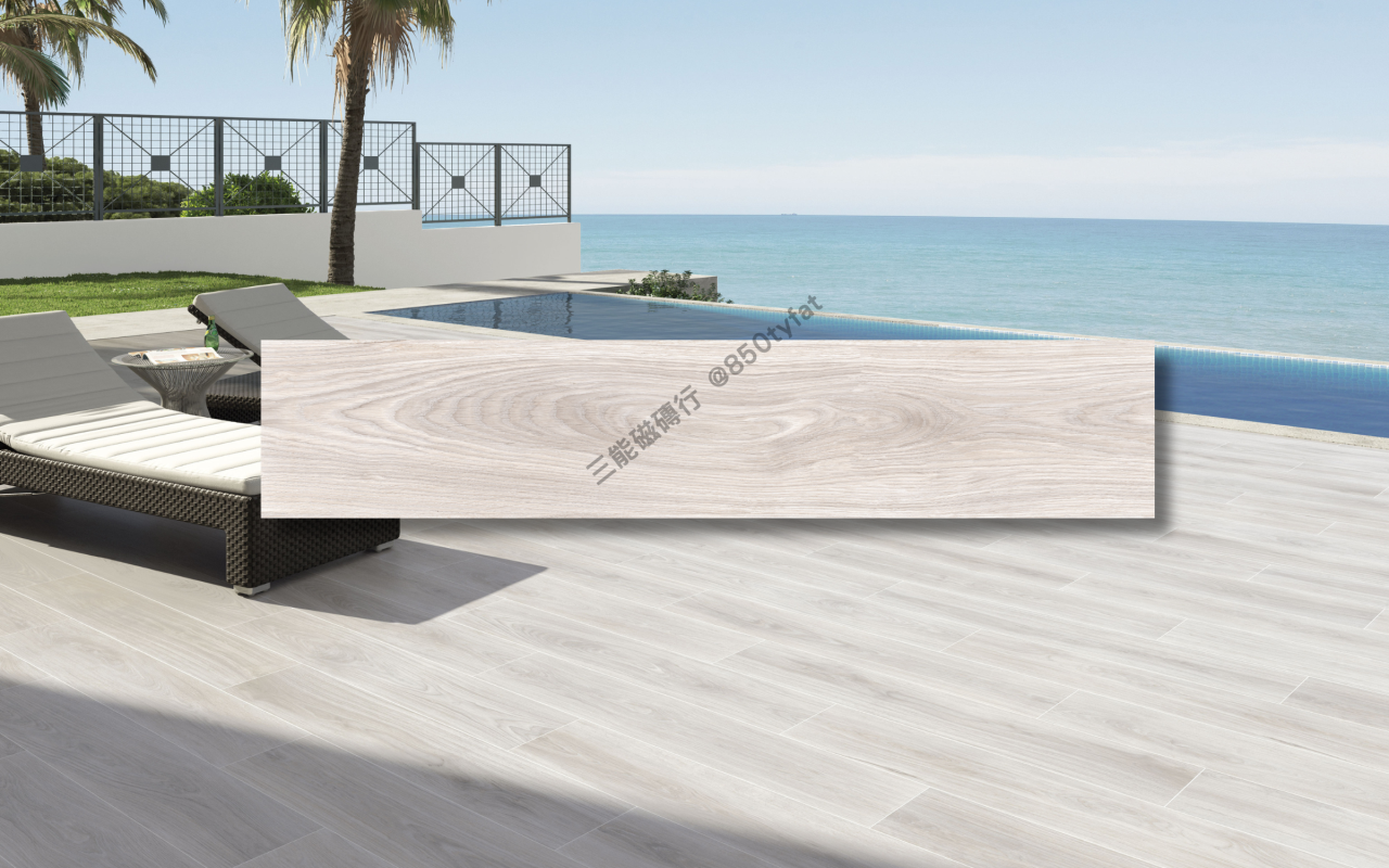 沙灘木紋系列磁磚，具戶外防滑與自然木質感，三色可選，適用於泳池與陽台空間，三能磁磚行