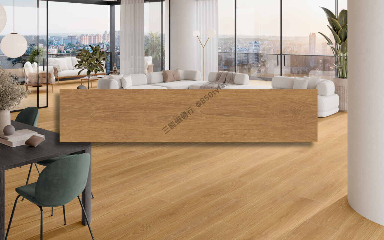 光橡木系列磁磚，黃橡木紋理與柔和光澤表現，帶來溫暖現代居家感受，三能磁磚行