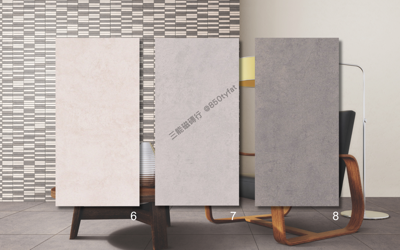 柔沙岩系列磁磚，細緻仿砂岩紋理設計，包含米色與淺灰兩色，展現自然柔和質感，三能磁磚行