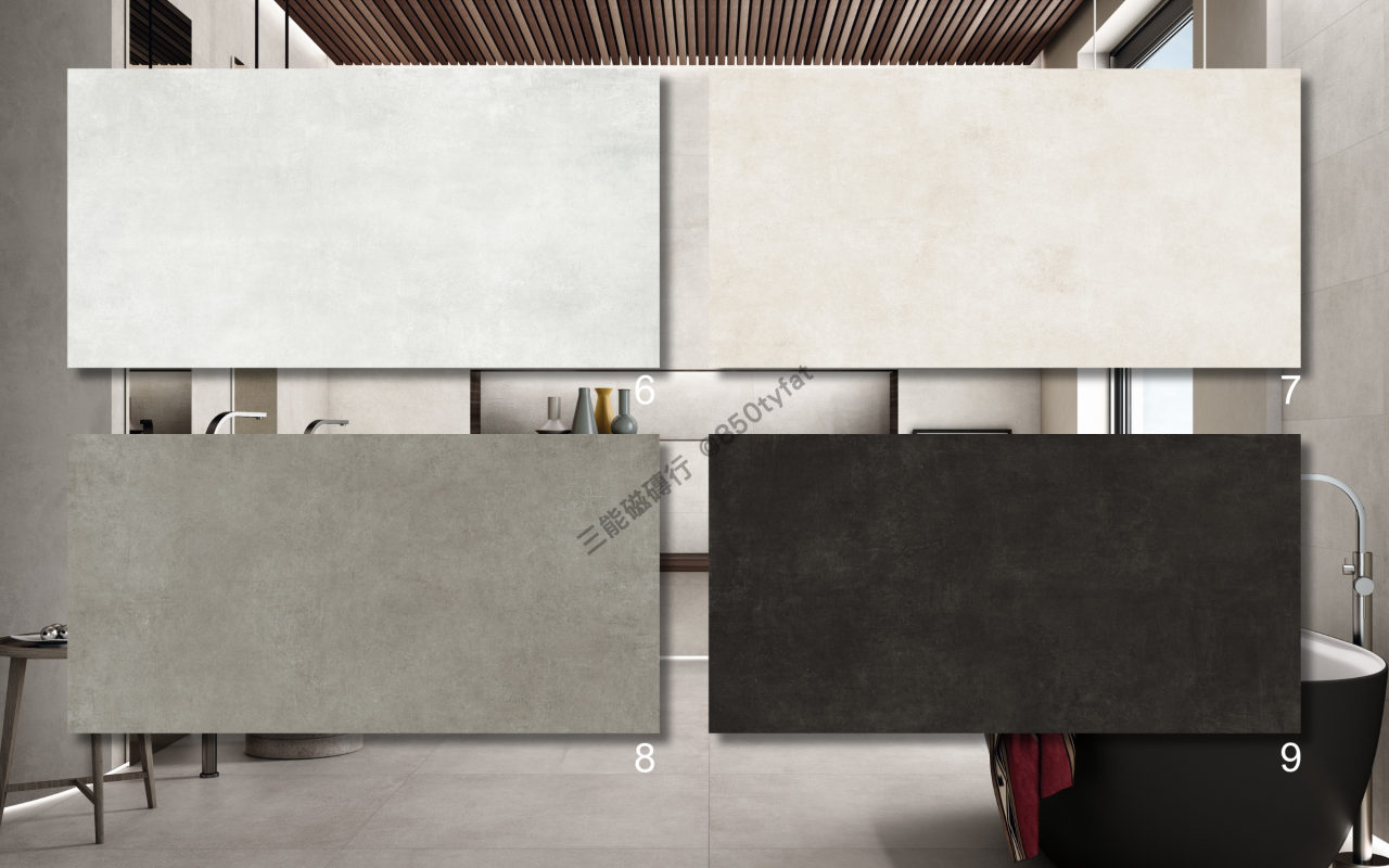 霧光肌理系列磁磚，霧白與雲灰色系融合刷痕肌理，營造柔和簡潔的衛浴牆面設計，三能磁磚行