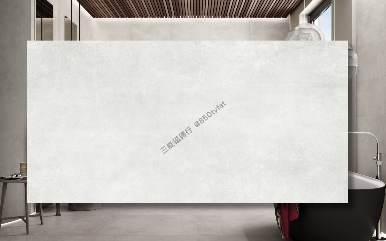 霧光肌理系列磁磚，霧白與雲灰色系融合刷痕肌理，營造柔和簡潔的衛浴牆面設計，三能磁磚行